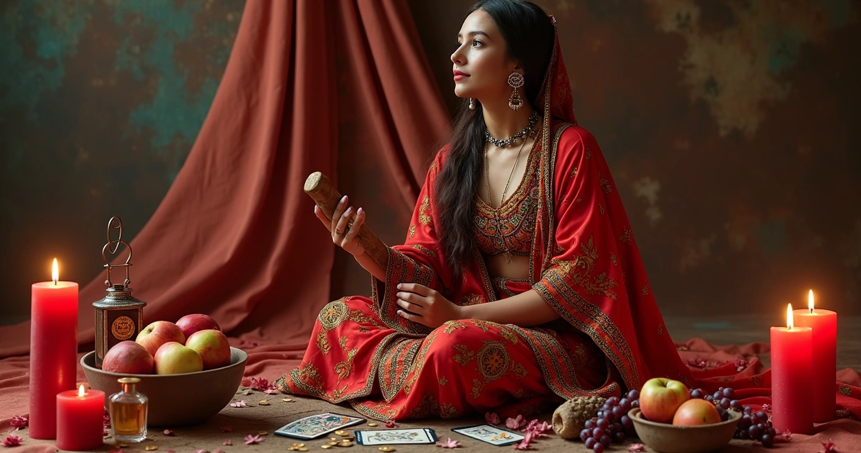 Mulher com saia cigana, segurando pandeiro, rodeada de velas e cartas