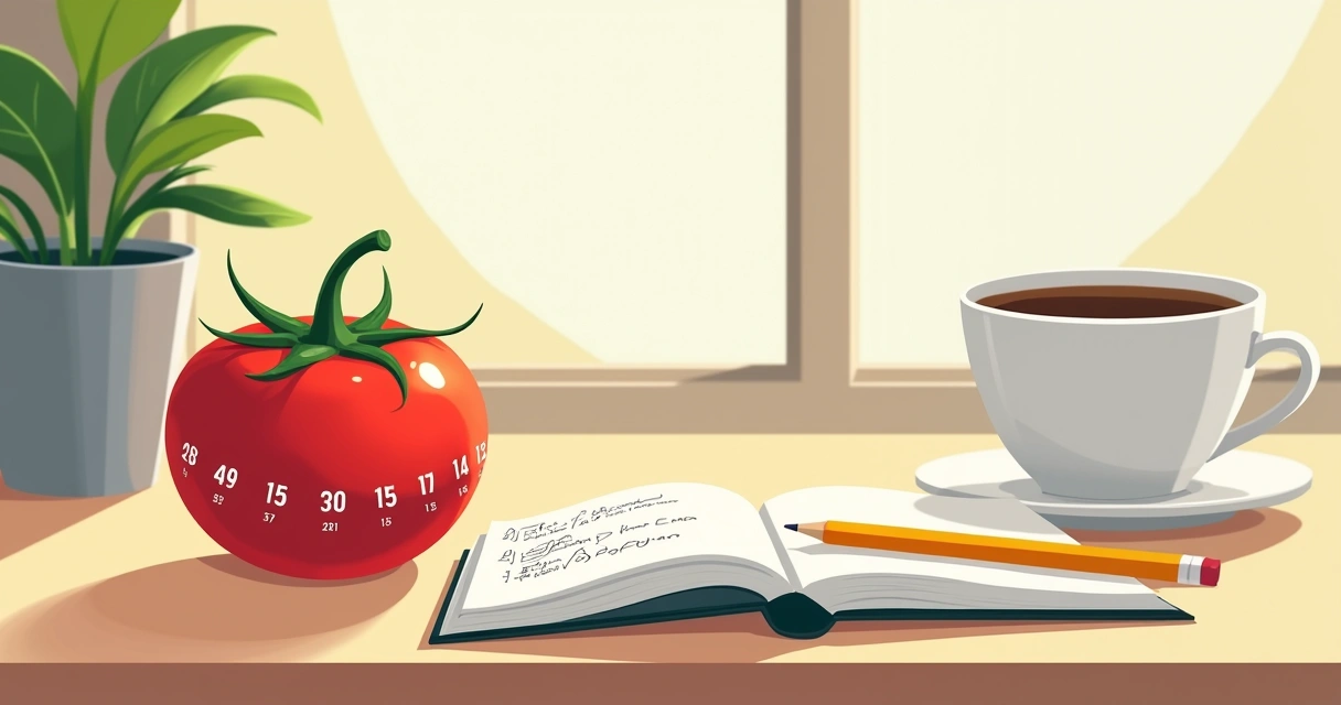 Relógio vermelho de cozinha ao lado de caderno e caneta em mesa clara, sugerindo foco e pausas curtas 
