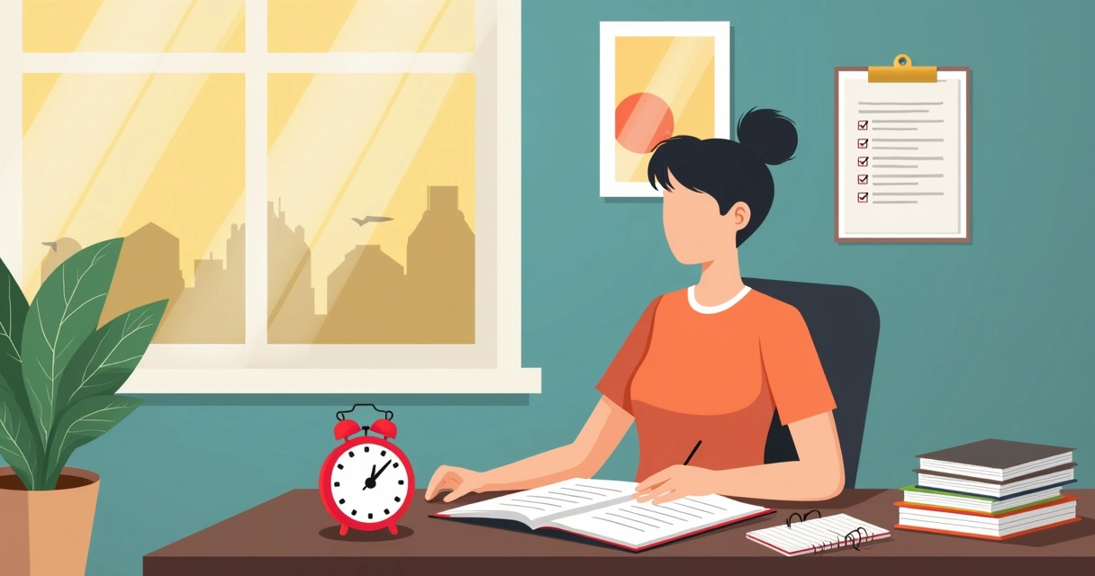 Estudante universitário usando técnica Pomodoro com material de estudo na mesa