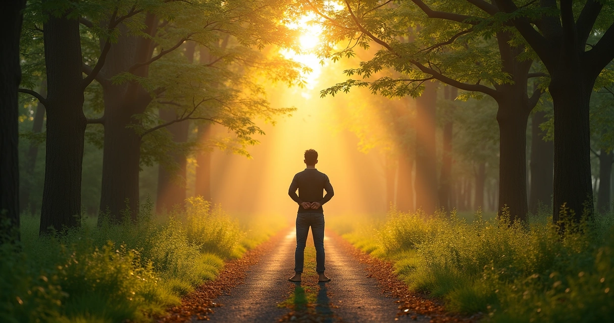 Pessoa parada em cruzamento de trilhas em floresta ao pôr do sol