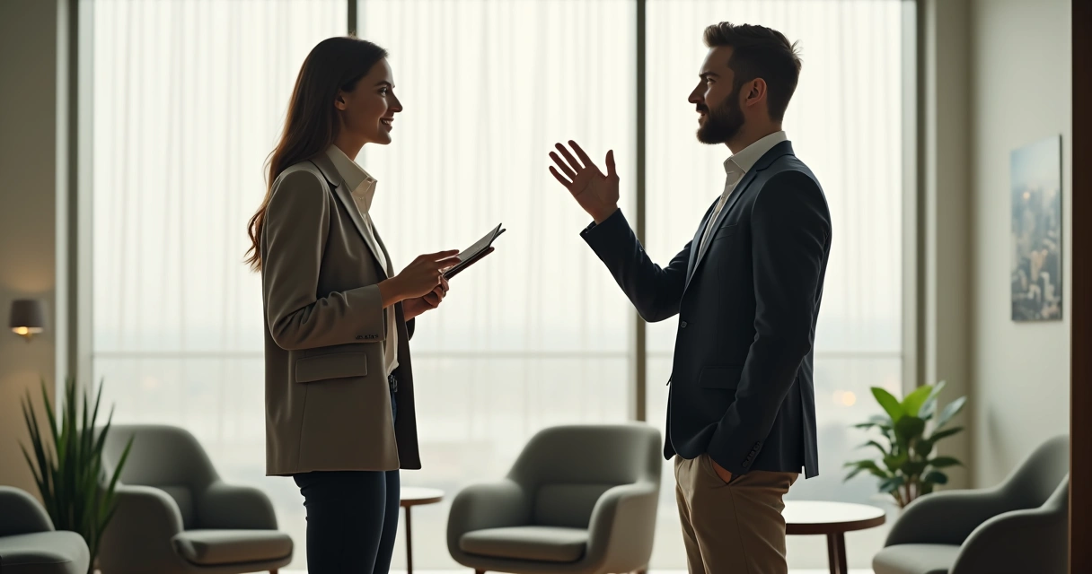 Dos personas conversando de pie, una muestra la palma de la mano en gesto de poner límites, ambiente de oficina tranquilo.