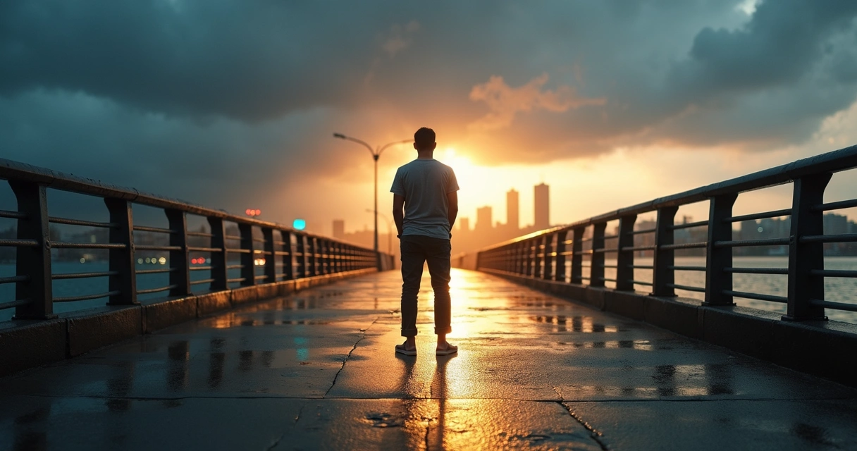 Pessoa em pé no meio de uma ponte entre tempestade e céu calmo 