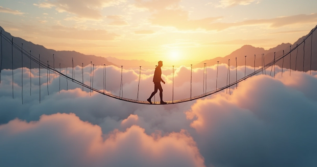Pessoa caminhando em ponte suspensa sobre nuvens 