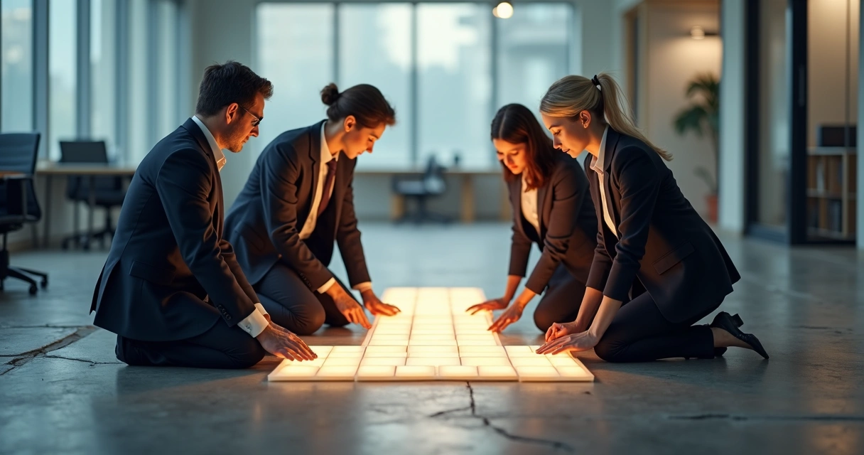 Três pessoas construindo juntos uma ponte luminosa sobre chão rachado 