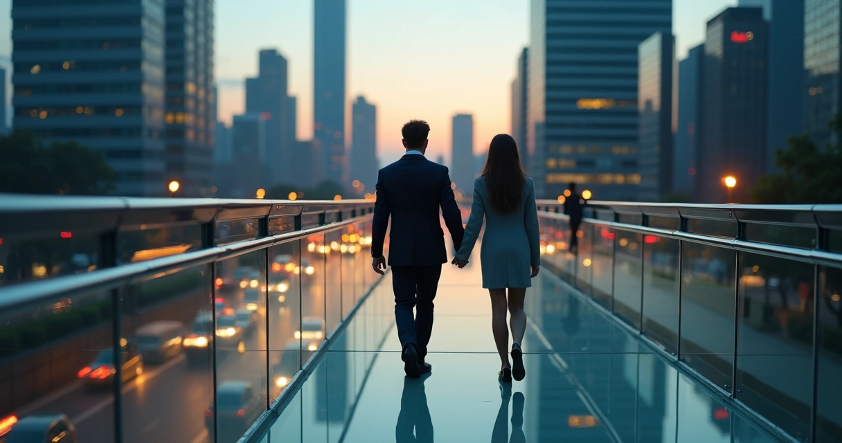 Profissionais caminhando em ponte de vidro transparente sobre cidade competitiva 