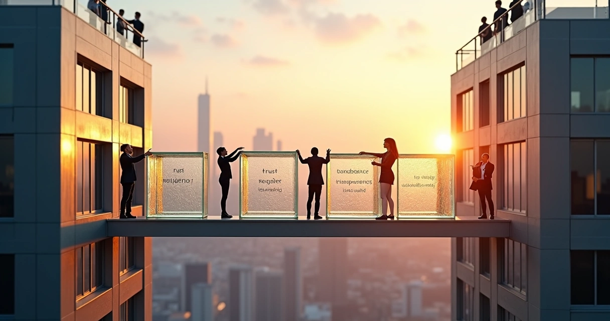 Colaboradores em dois prédios conectando blocos de uma ponte simbólica 