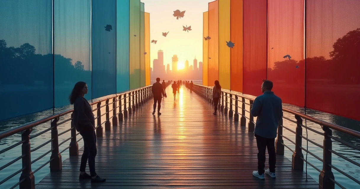 Duas pessoas em margens opostas conectadas por ponte colorida simbolizando diálogo político 