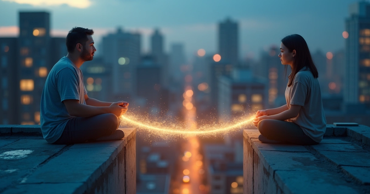 Duas pessoas em telhado oposto conectadas por ponte de luz entre os peitos 