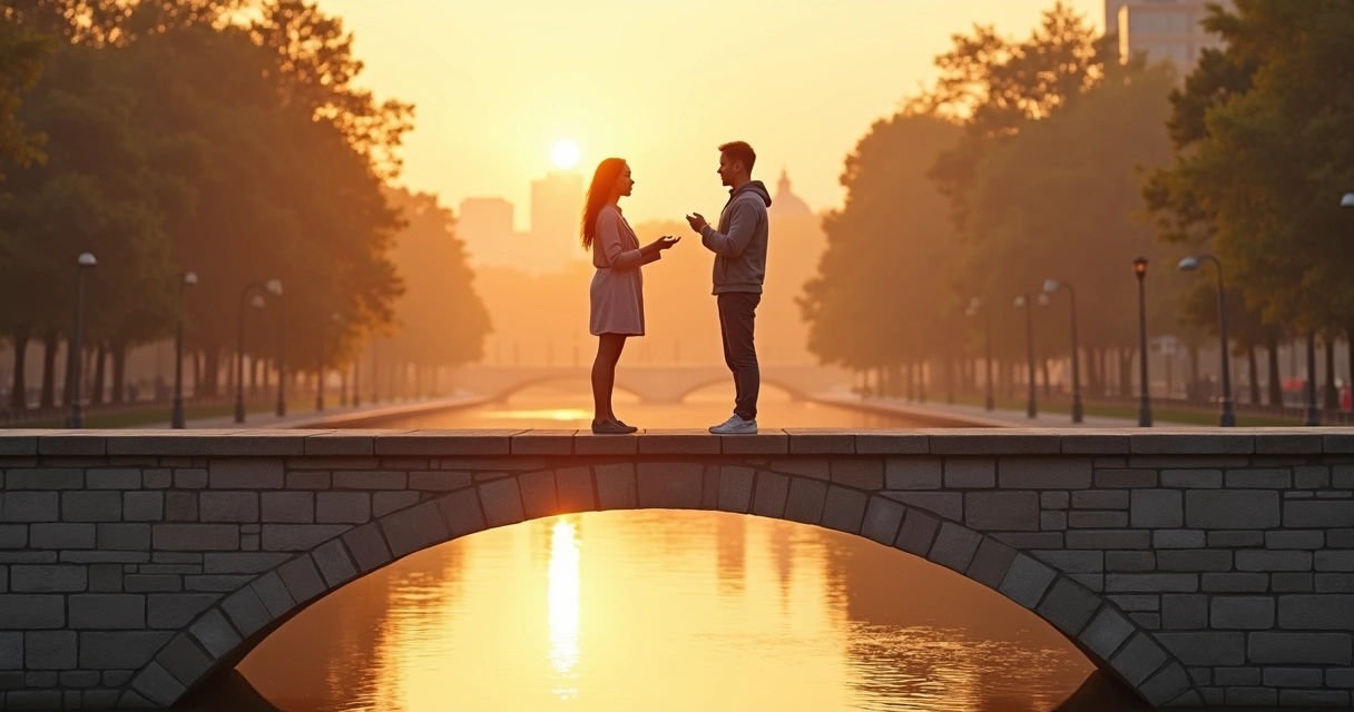Duas pessoas em lados opostos de uma ponte conversando em clima tranquilo ao pôr do sol 