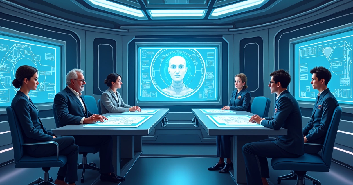 Tripulação em cenário futurista em nave espacial 