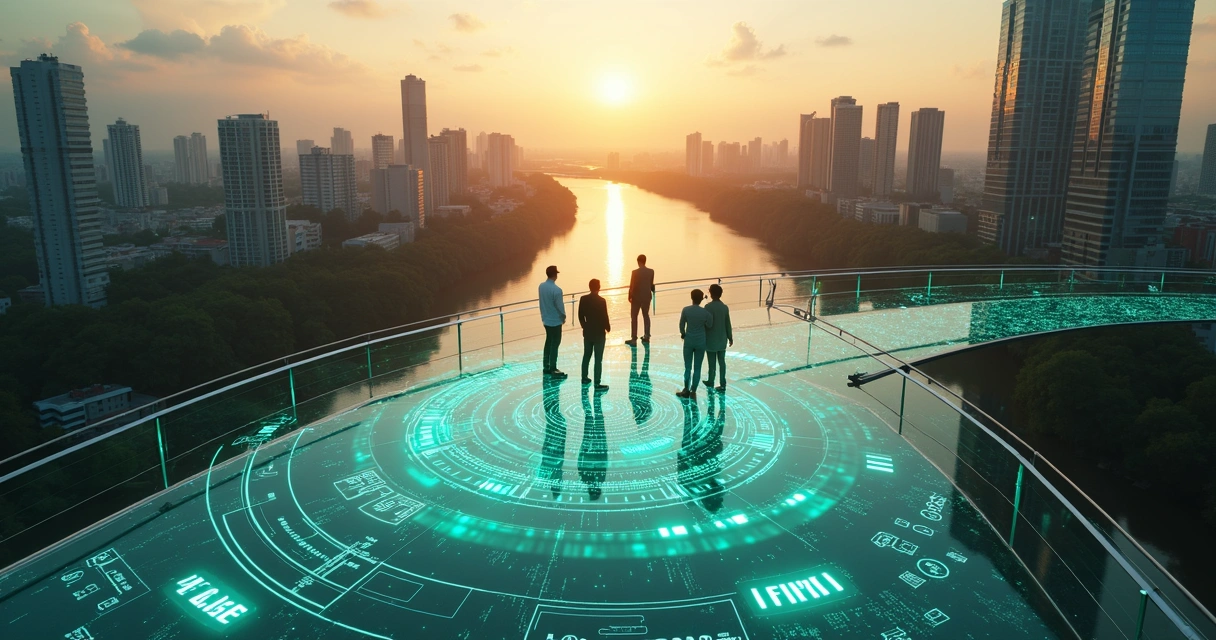 Executivos analisam ponte simbólica de dados climáticos ligando cidade e centros financeiros 