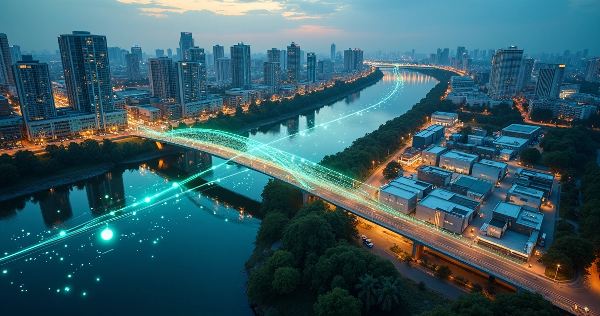 Vista aérea de ponte feita de ícones de dados ligando prédios e cooperativa de reciclagem 