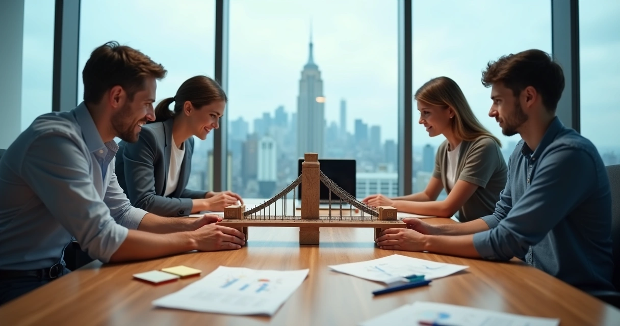 Equipe em escritório moderno construindo mini ponte simbólica na mesa 