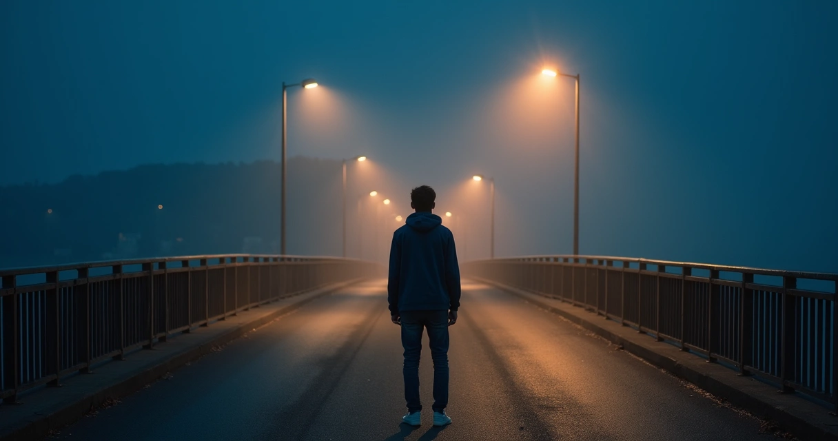 Pessoa parada em ponte à noite, olhando para diferentes caminhos iluminados 