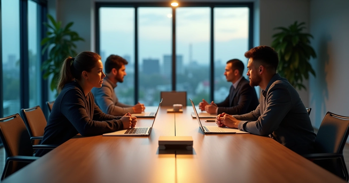 Duas pessoas em extremos de uma mesa ligadas por uma ponte de luz colorida representando diálogo produtivo 