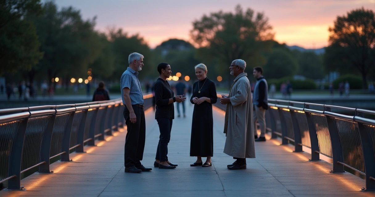 Pessoas de diferentes tradições religiosas conversando em ponte iluminada ao entardecer 