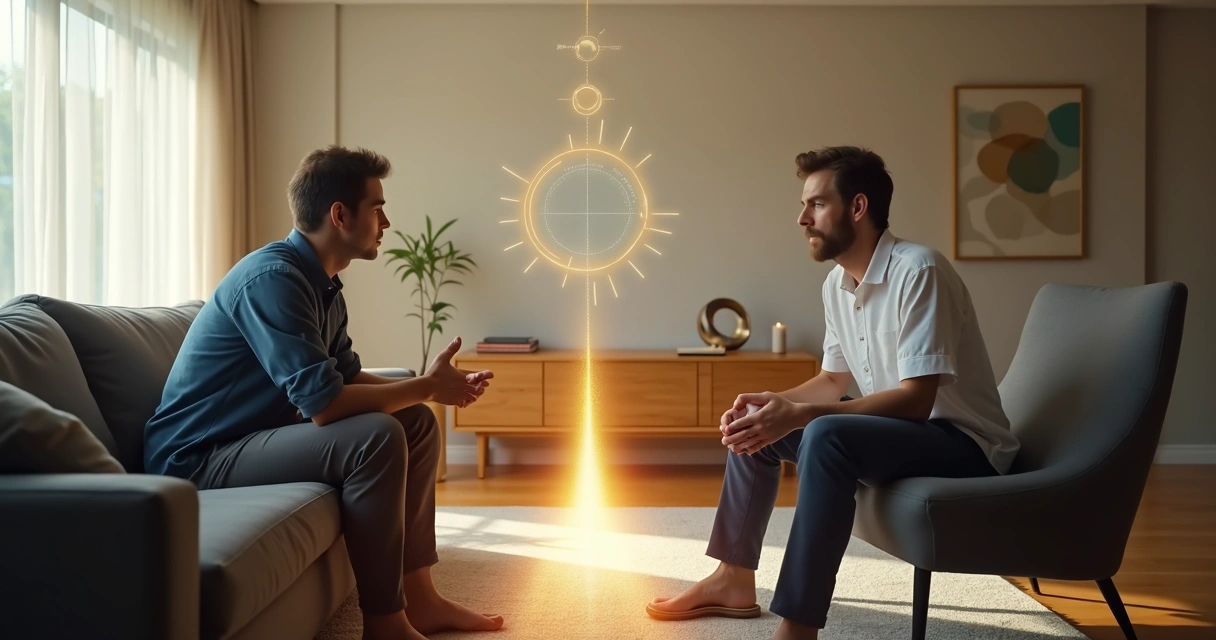 Duas pessoas em lados opostos de um quarto ligadas por uma ponte de luz simbolizando diálogo consciente 