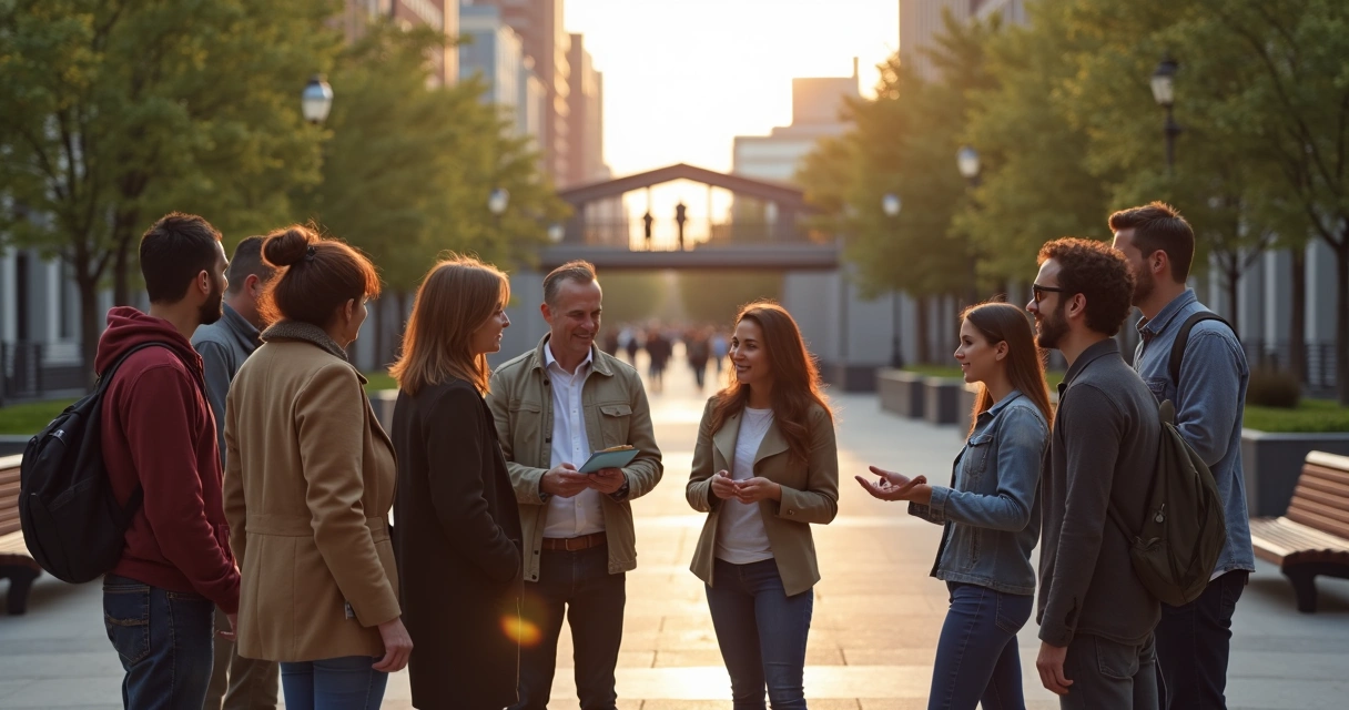 Pessoas de grupos diferentes encontrando diálogo em espaço público