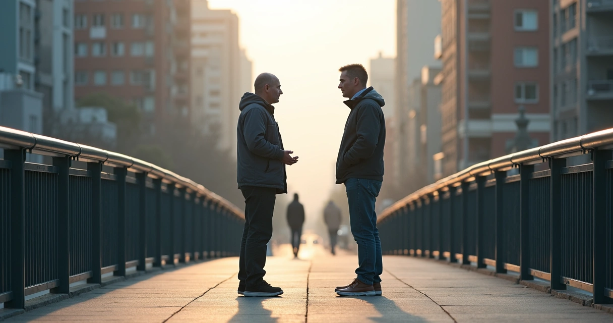 Duas pessoas em lados opostos de uma ponte conversando 