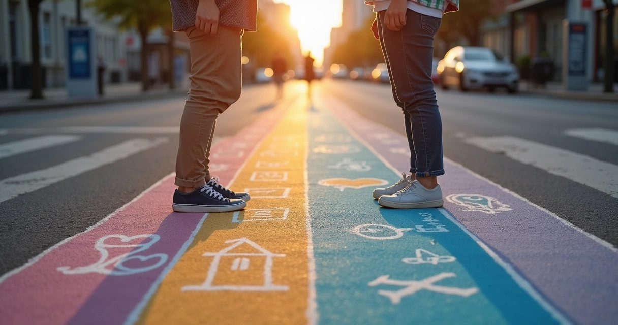 Duas pessoas em ruas diferentes conectadas por ponte desenhada com giz colorido 