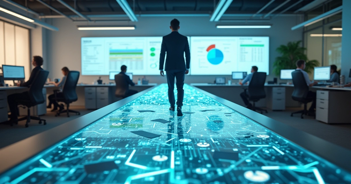 Gestor de média empresa atravessando ponte digital sobre papéis rumo a painel financeiro organizado 