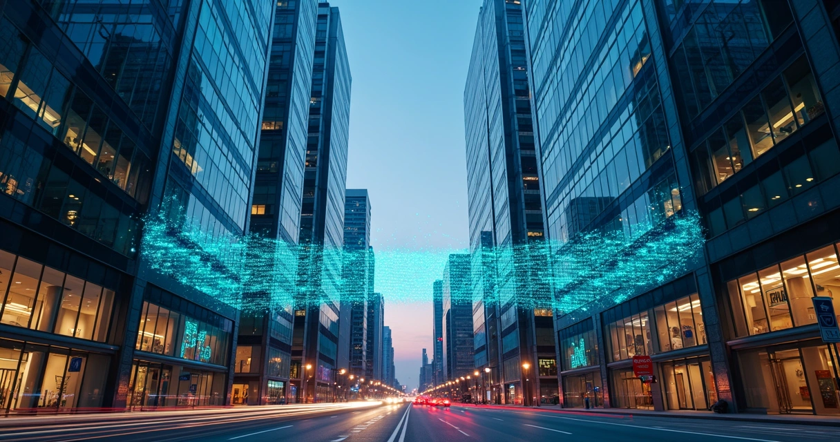 Ponte digital conectando dois edifícios de bancos com dados financeiros iluminados 