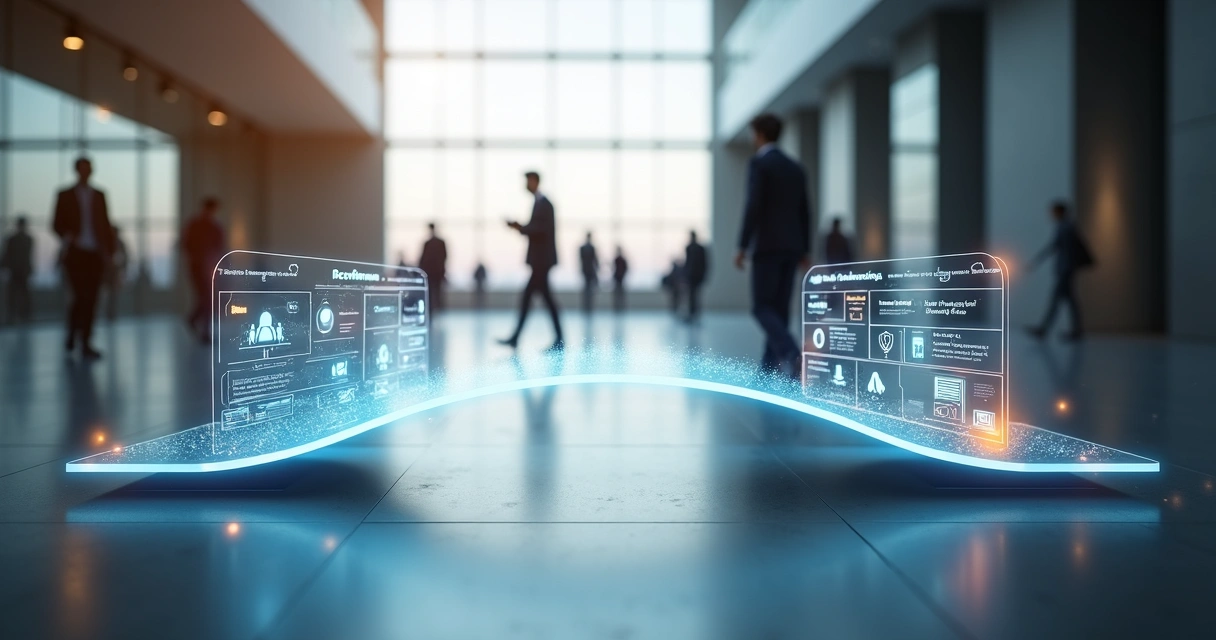 Conceito de ponte digital conectando recrutamento e admissão em ambiente corporativo 