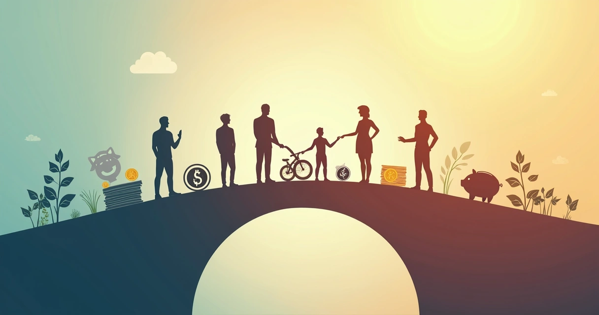 Simbolo de ponte ligando pessoas e símbolos financeiros 