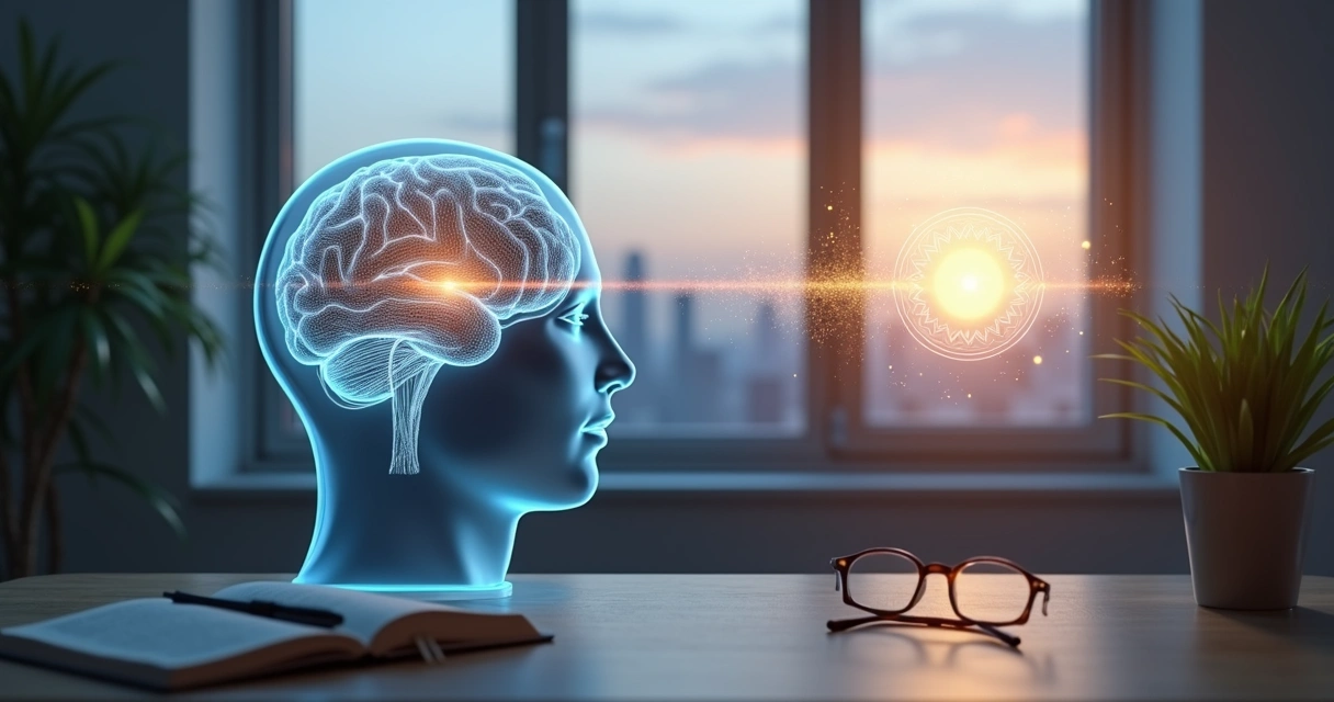 Ponte luminosa ligando cérebro humano a símbolo abstrato de consciência ampliada 