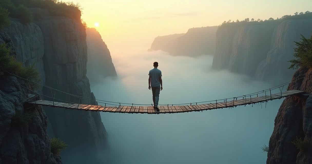 Pessoa atravessando ponte suspensa entre rochas com neblina ao fundo 