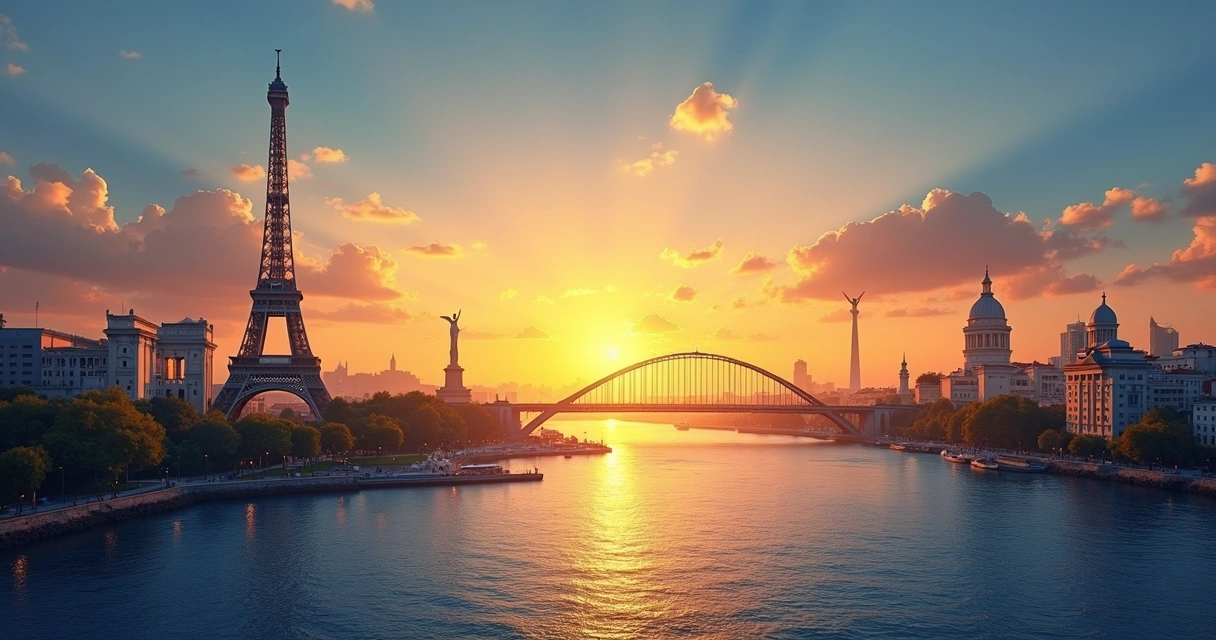 Ponte simbólica entre Europa e América Latina com monumentos representativos de ambos os continentes ao pôr do sol 