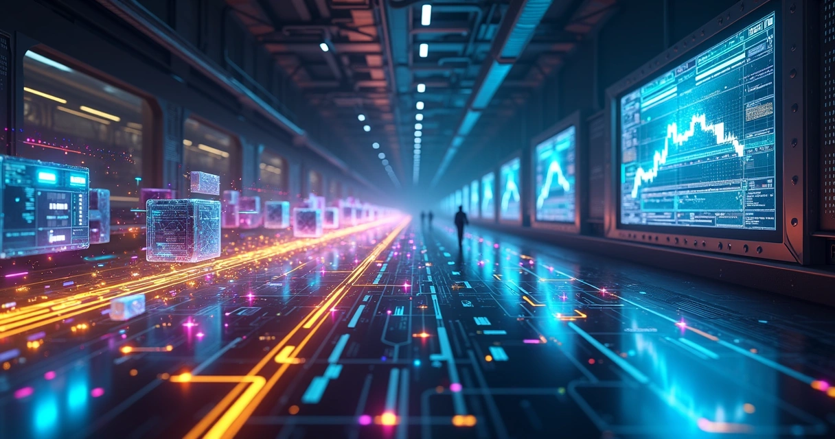 Ponte de dados fluindo suavemente simbolizando projeto low-code organizado com IA 