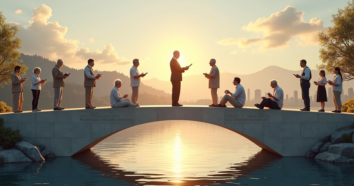 Ponte entre gerações com figuras dialogando em ambiente sereno 