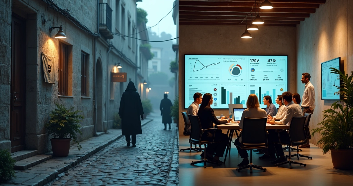 Transição visual entre rua medieval com peste e escritório corporativo moderno 
