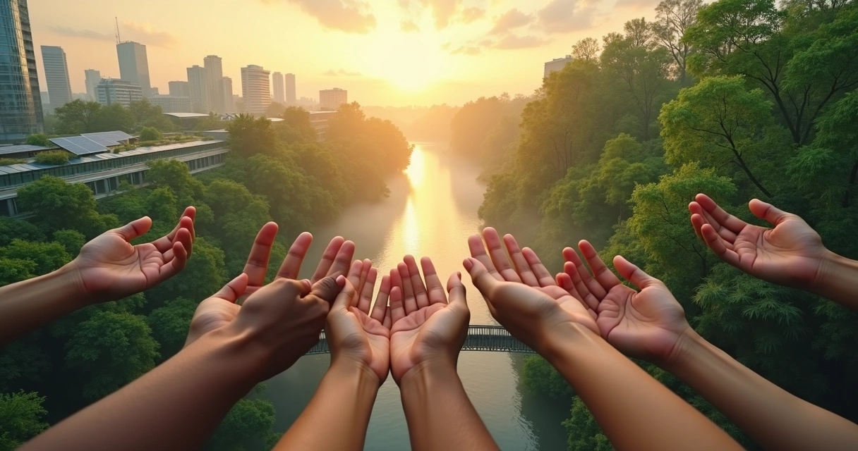 Mãos humanas formando ponte entre cidade e floresta 