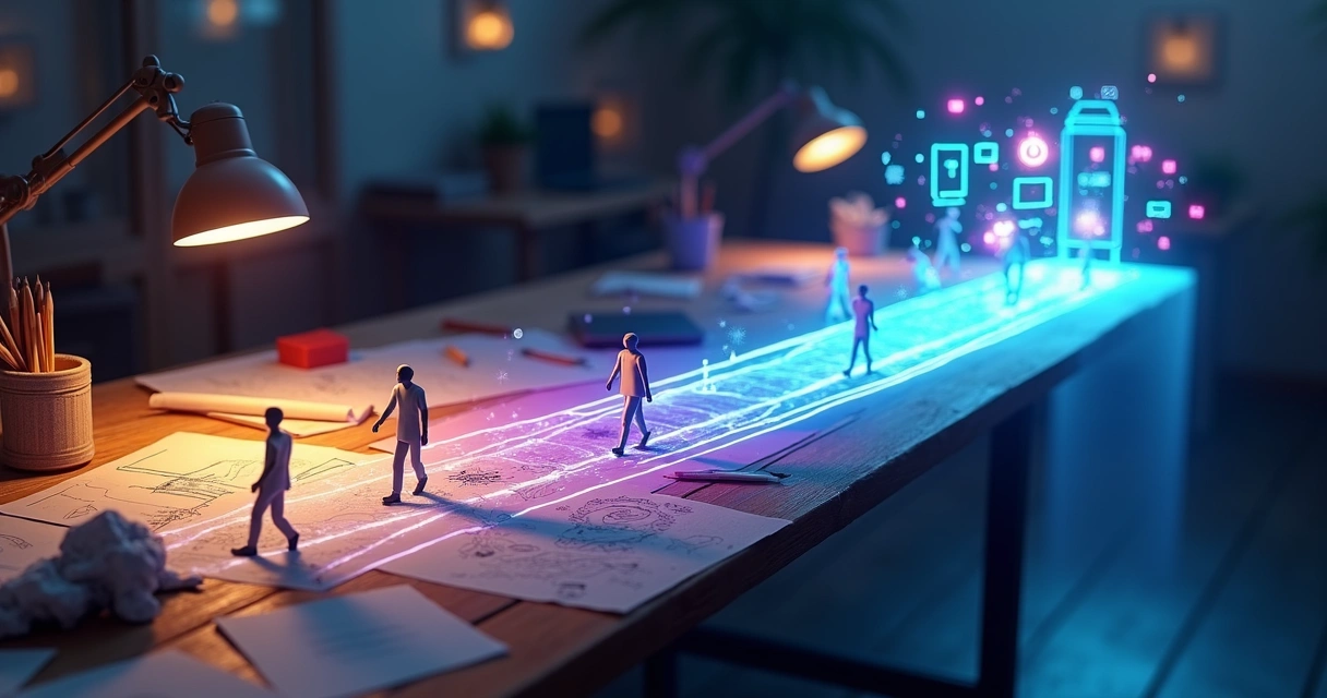 Ilustração de uma ponte brilhante ligando um rascunho em papel a um app digital pronto 