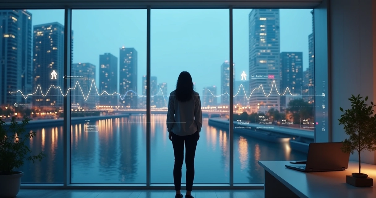 Líder observa ponte iluminada com dados humanos flutuando no ar 