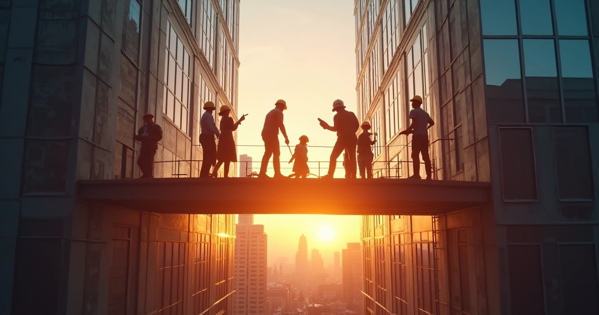 Pessoas construindo ponte entre prédios de empresa 