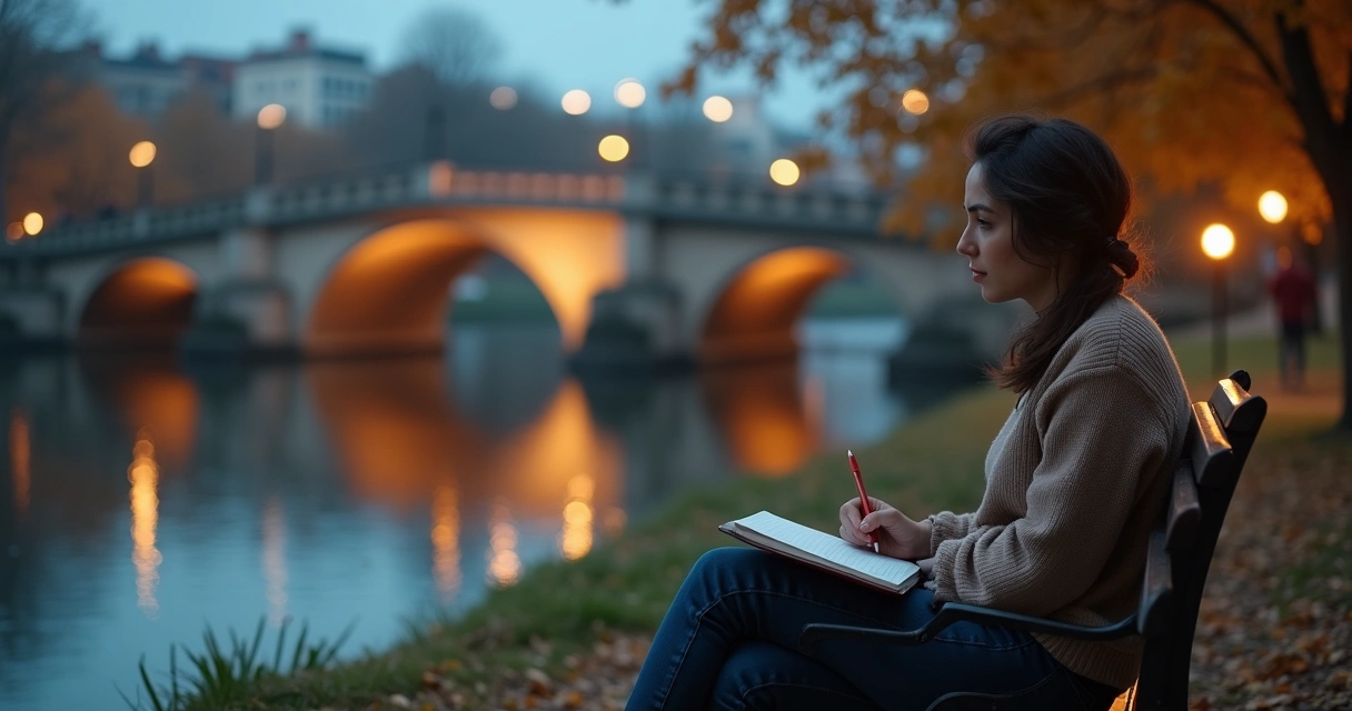 Pessoa sentada perto de ponte iluminada ao entardecer refletindo em caderno 