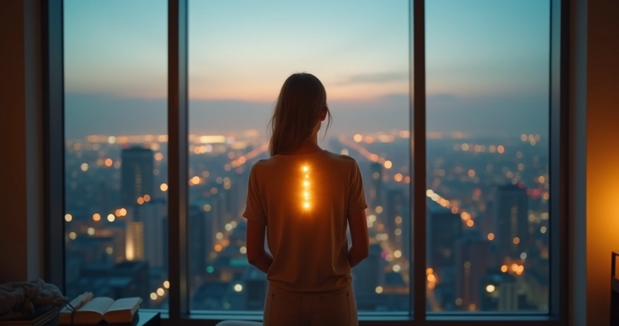Silhueta humana refletida em janela criando ponte de luz no horizonte 