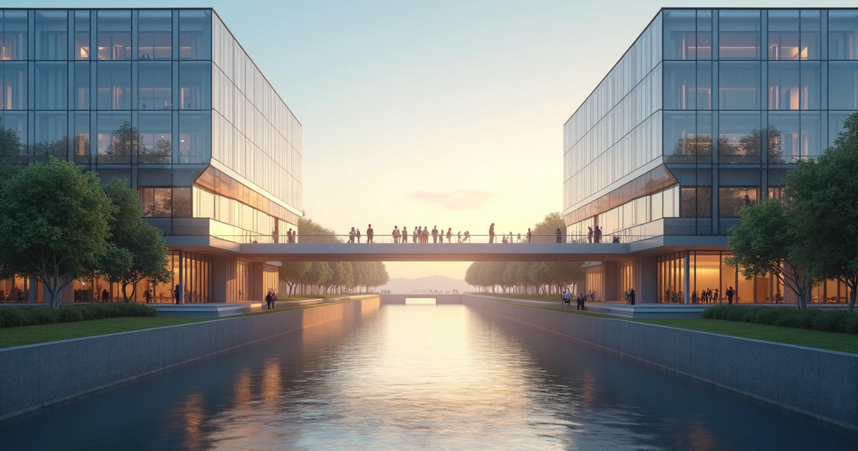 Ponte simbólica ligando dois prédios de empresas diferentes. 