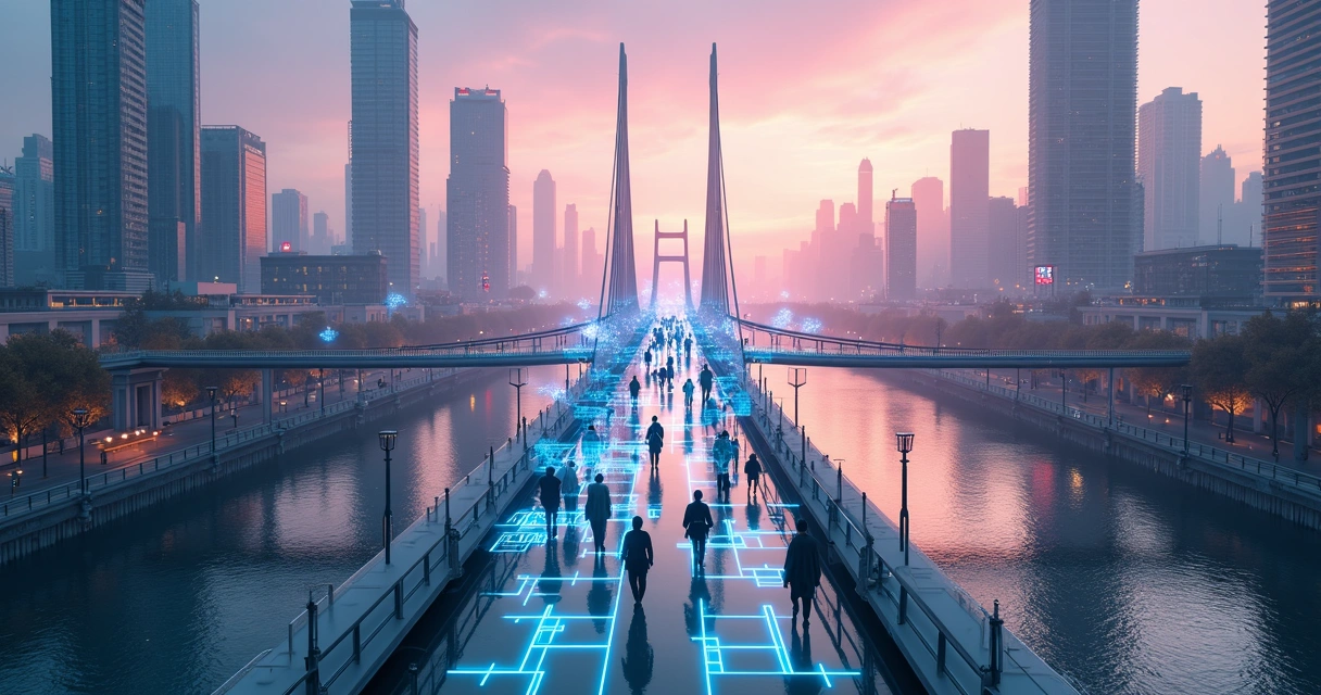 Ponte futurista brilhante conectando cidade tradicional e cidade tecnológica 