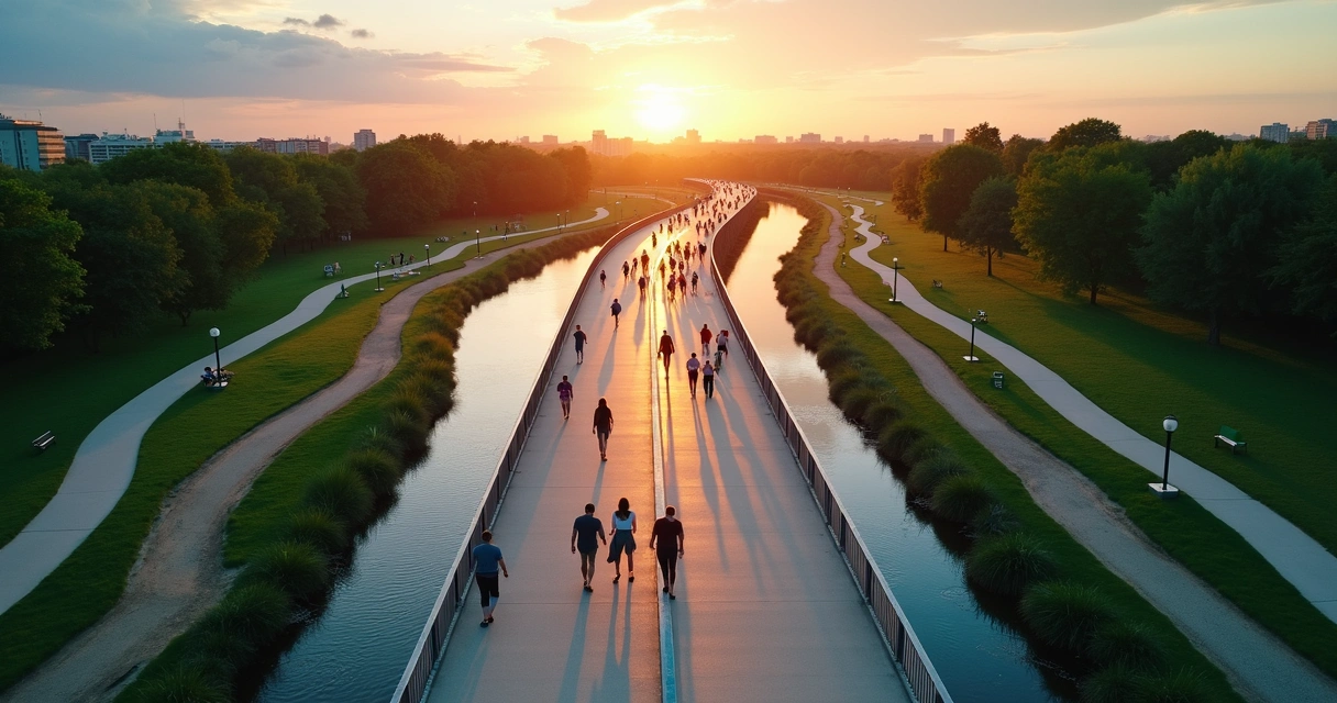 Pessoas caminhando em ponte luminosa unindo trilhas individuais a um fluxo central 