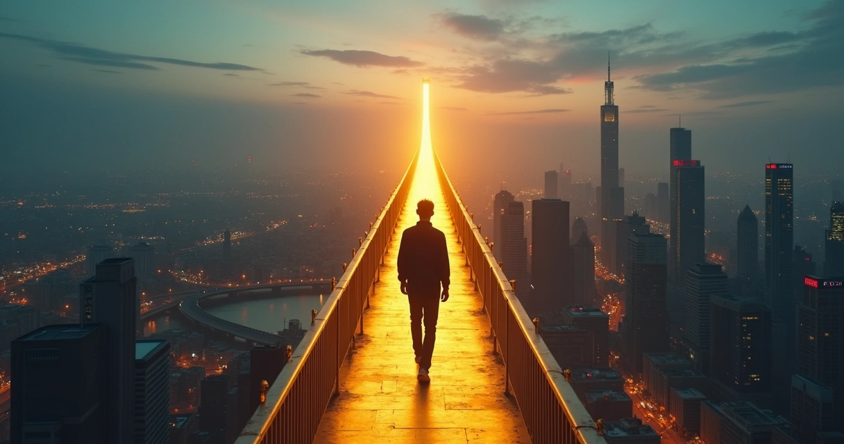 Pessoa atravessando ponte de luz sobre cidade em crise vista do alto 