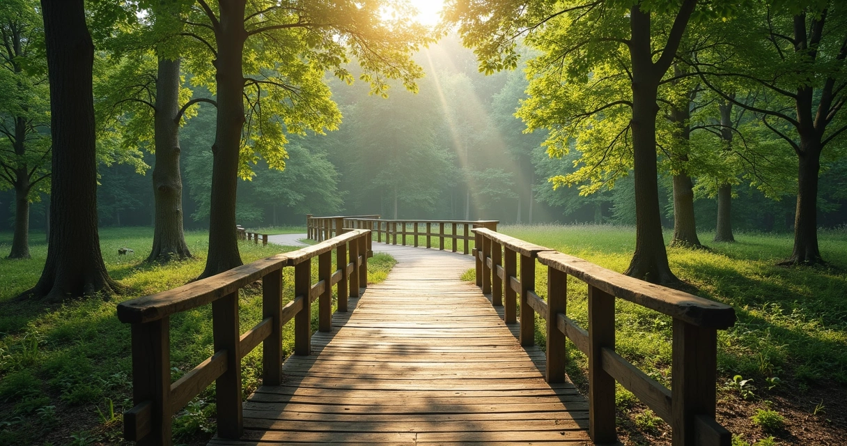 Ponte de madeira entre dois caminhos em floresta leve 