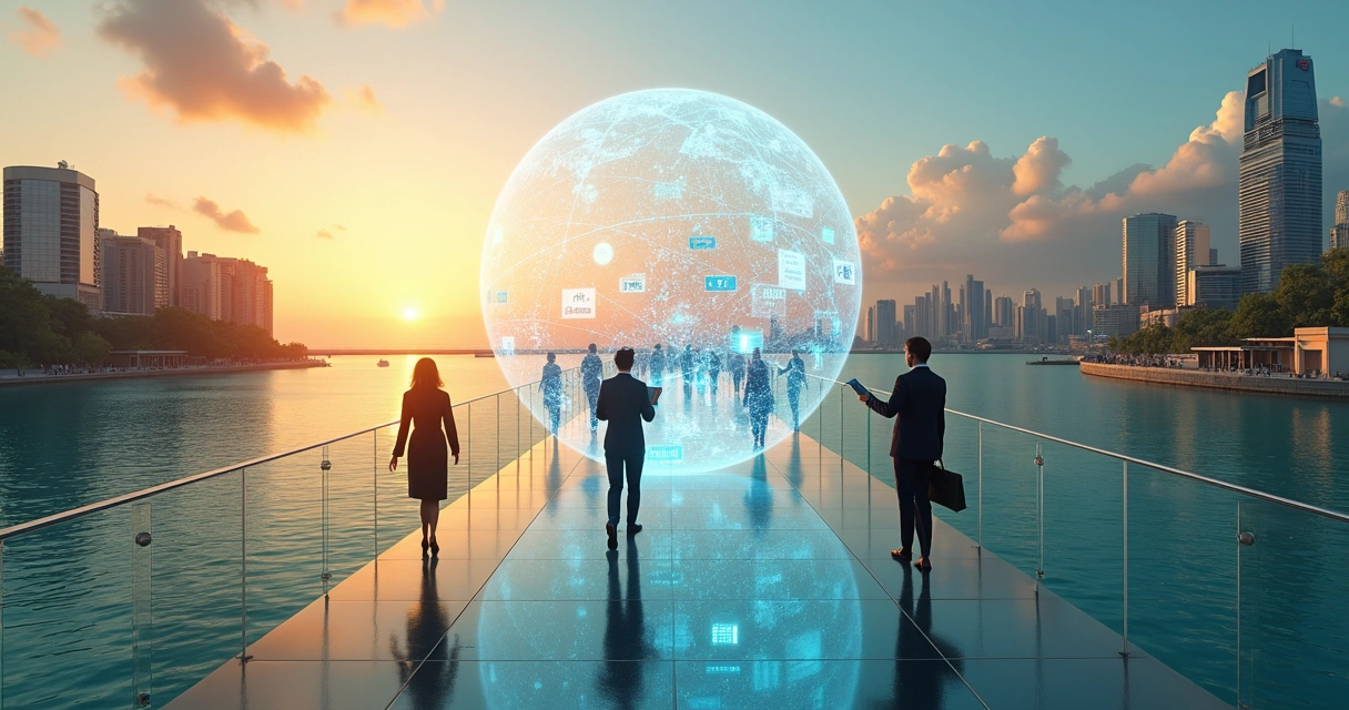 Profissionais atravessando ponte que conecta Brasil e Europa em cenário de marketing internacional 