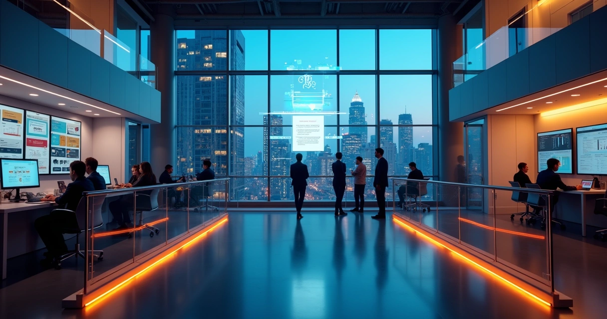 Ponte iluminada conectando área de marketing e vendas em escritório moderno 
