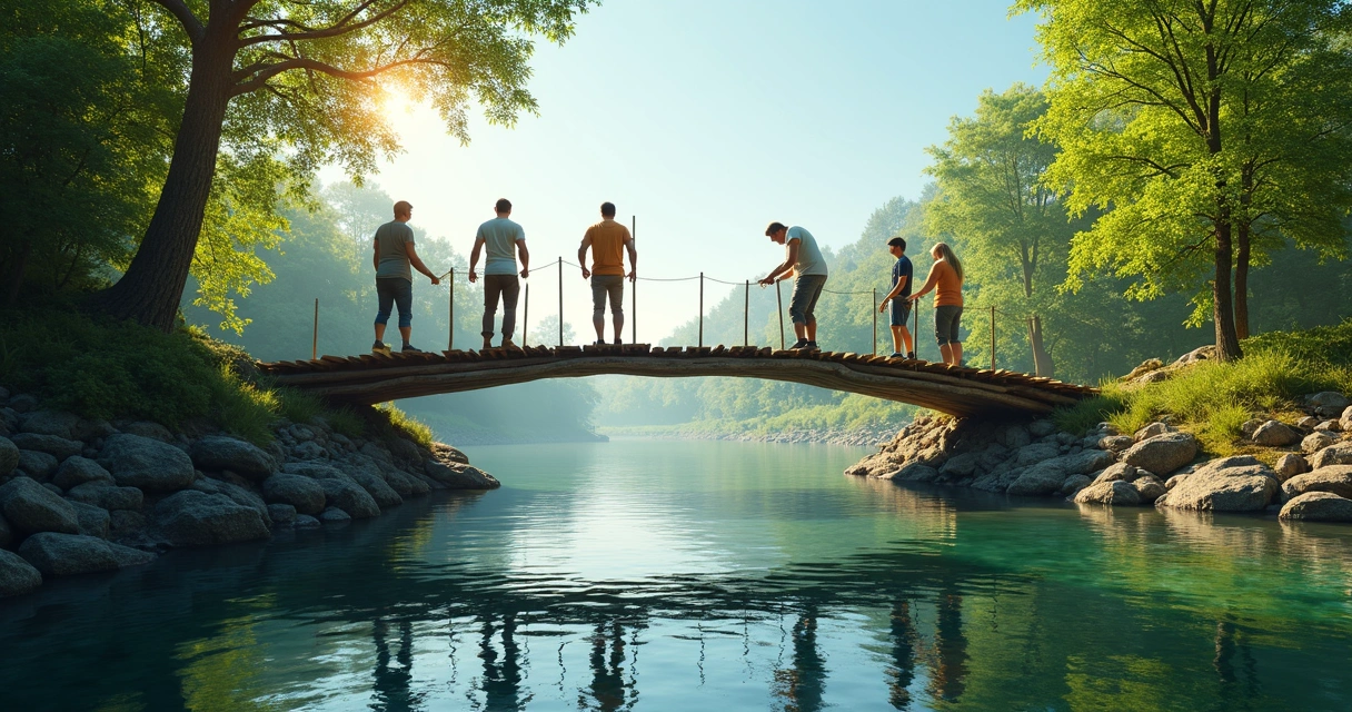 Pessoas construindo juntos uma ponte de madeira sobre um rio, simbolizando colaboração por meio de metáfora