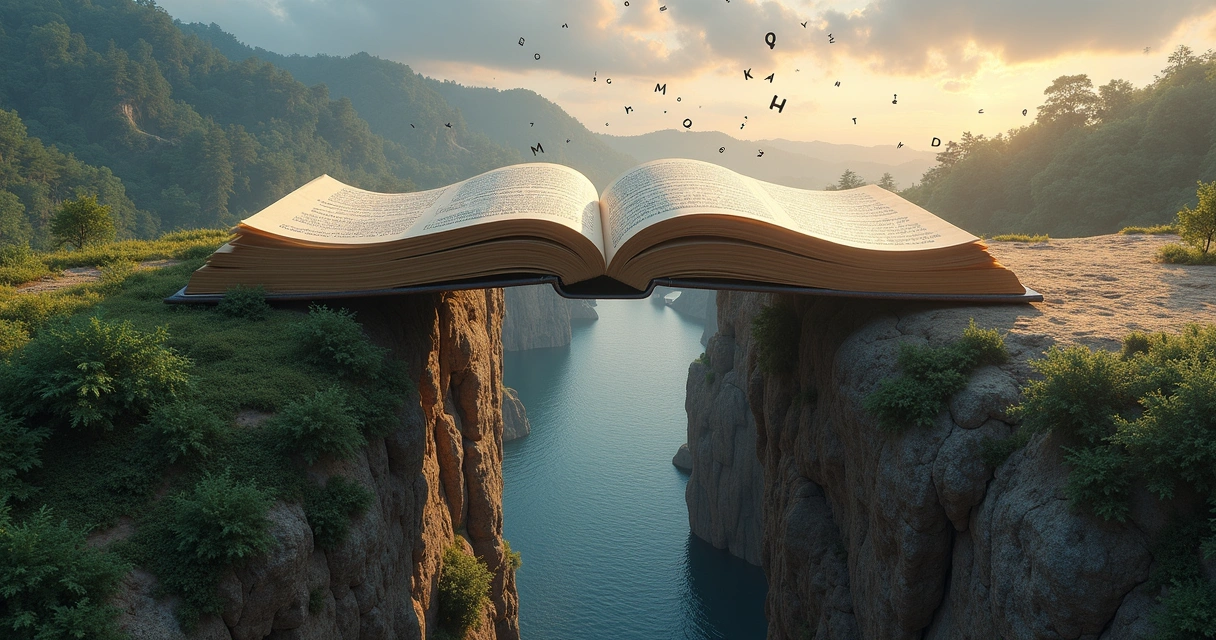 Ponte metafórica feita de páginas de livro conectando dois mundos 