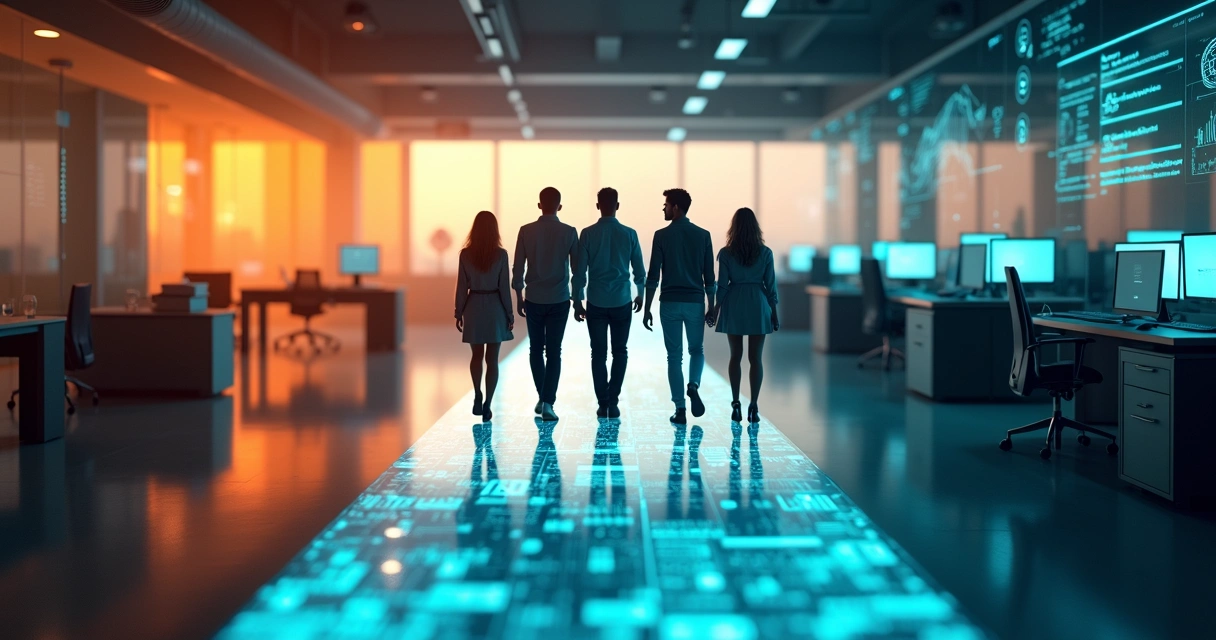 Equipe de tecnologia atravessando ponte digital simbolizando mudança controlada 